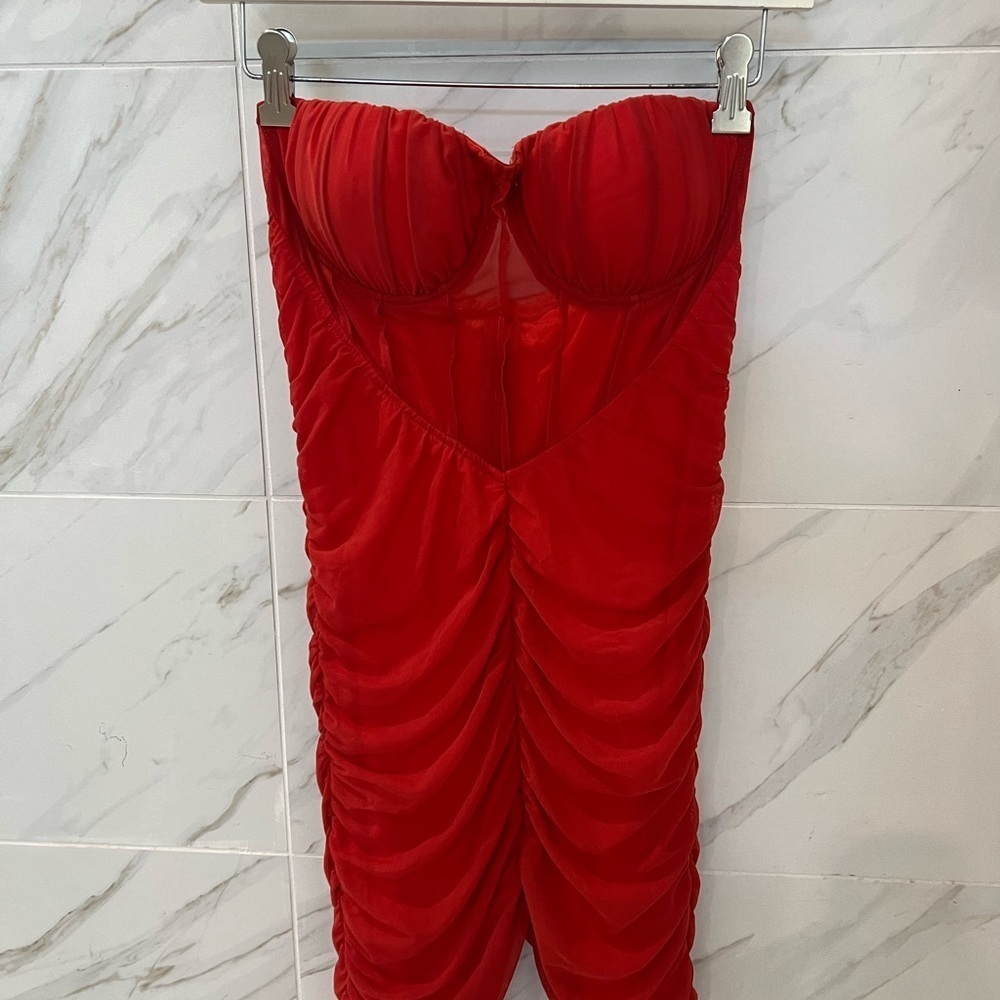 Strapless Ruched Jumpsuit in Rust - Picture 7 of 14